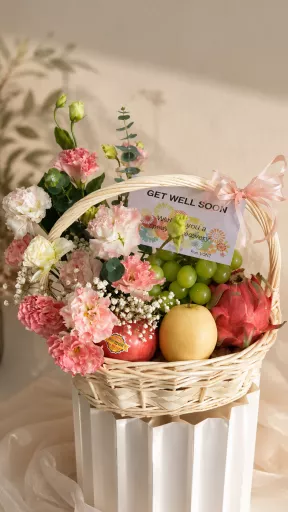 Premium Fruit Basket with Fresh Flowers