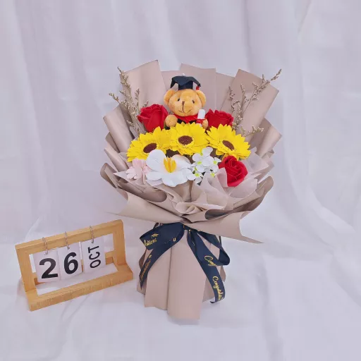 Graduation Mix Soap Flower Bouquet +Convo Bear