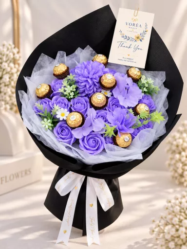 LAVENDER COLOR SOAP ROSE, HYDRANGEA & FERRERO ROCHER CHOCOLATE BOUQUET