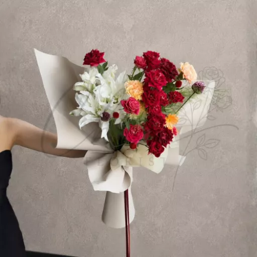 Velvet Red Rose & White Lily Fresh Flower Bouquet