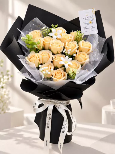 CHAMPAGNE & BLACK TULLE SOAP ROSE BOUQUET