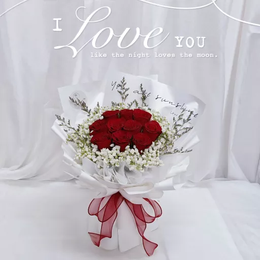 🌹Wrap White🌹10stalks Fresh Red Rose Mix Baby Breath & Caspia (You Are My Sunshine)
