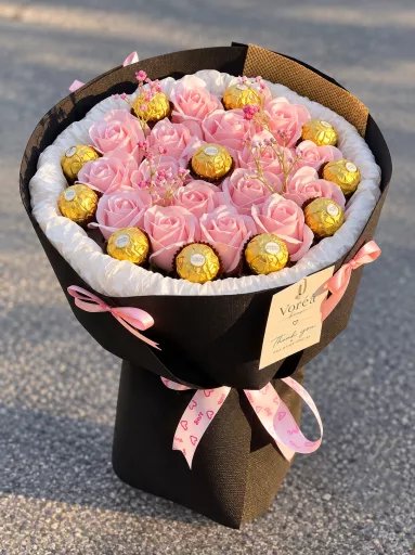 BABY PINK, DRIED BABY'S BREATH & FERRERO ROCHER CHOCOLATE SOAP ROSE BOUQUET