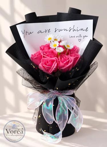HOT PINK "YOU ARE SUNSHINE" SOAP ROSE BOUQUET WITH HOLOGRAPHIC BOW