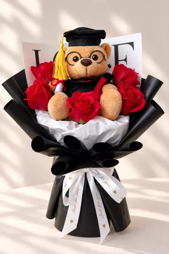 GRADUATION BEAR & RED SOAP ROSE BOUQUET