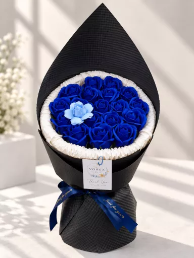 ROYAL BLUE & BABY BLUE SOAP ROSE BOUQUET IN TEXTURED BLACK WRAP